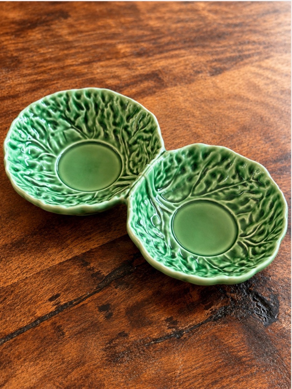 Bordallo Pinheiro Cabbage Double Serving Dish | Green | Connected Condiment Bowl